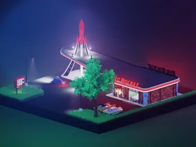 Low poly Red Rocket Station diorama Low-poly 3D model