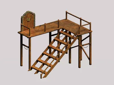 Wooden game asset entrance porch Low-poly 3D model