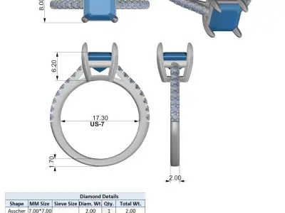 Asscher Pave Diamond Engagement Ring 3DM STL 3D print model