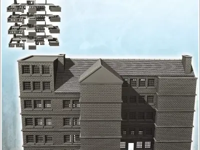 Large multi-storey brick industrial building with chimney 15 - M 3D print model