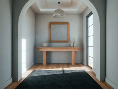 Minimalist interior with a wooden floor and a black rug Low-poly 3D model