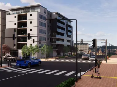 Modern Urban Street with Bus Stop and Apartment Buildings 3D print model
