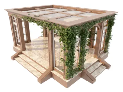 Gazebo wooden structure with windows and steps 3D model