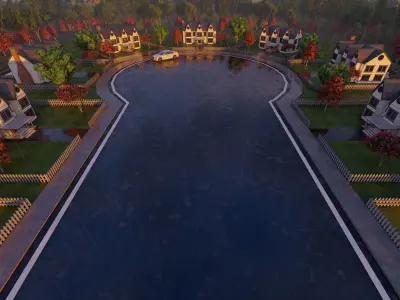 3D Neighborhood Model 4 village with houses and pond 3D model