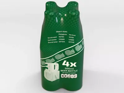 4 pack 500ml bottles in a plastic shrinkwrap 3D model