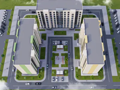 Modern 9-storey residential building and Landscape Low-poly 3D model