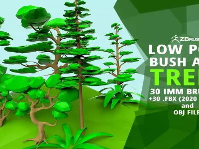 30 Low poly tree and bush base mesh IMM brush set for Zbrush 3D model