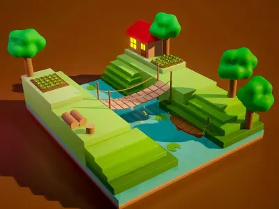 lowpoly land house with trees and river Free 3D model
