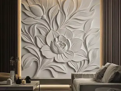 Modern Flower Relief Panel Wall Decor Set STL Mural CNC 380 3D model