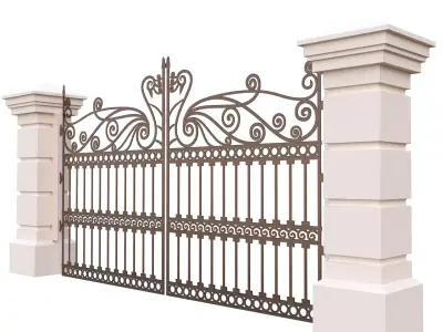 Classic Brown Wrought Iron Entrance Gate 3D Model Stone Columns Low-poly 3D model