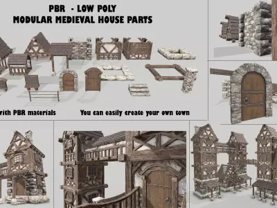 Modular Medieval House Low-poly 3D model purchase