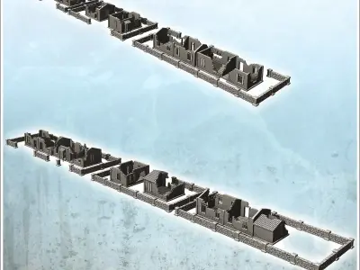 Set of five European houses and walls ruined version - World War 3D print model