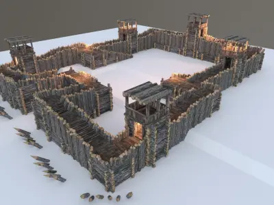 Medieval Wooden Fort Low-poly 3D model