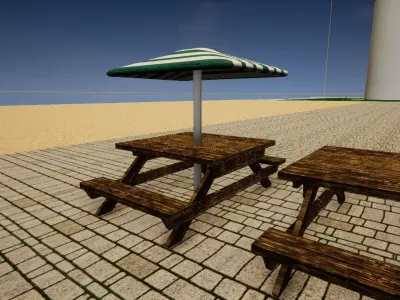 Wooden bench with umbrella Free low-poly 3D model