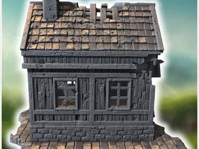 Wooden bar with a large porch broken windows damaged roof shingl 3D print model
