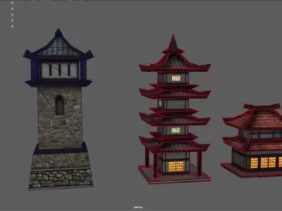 Pagoda collection asian style lighthouse Low-poly 3D model
