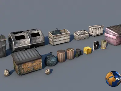 lowpoly dirty trash bag and container collection pack 3d model Low-poly 3D model