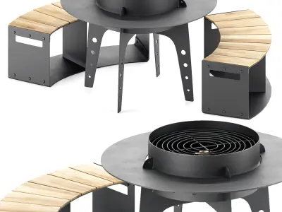 Hearth bbq table with bench and fire pit 3D model