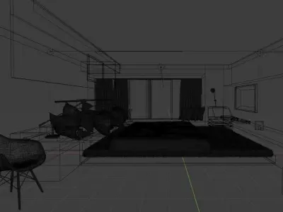 Bedroom with wooden floors and bed 3D model