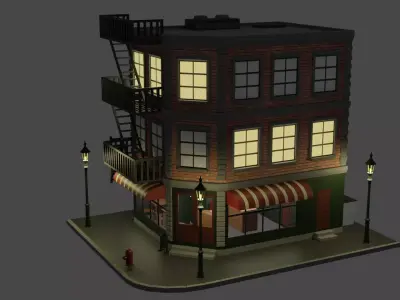 New York Styled Brownstone Corner Cafe Low-poly 3D model
