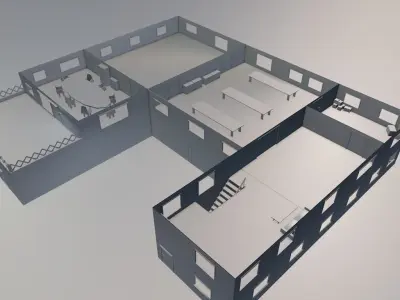 Low Poly Two Storages building with balcony and Animated doors  Low-poly 3D model