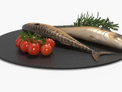  Smoked Mackerel Fish on Slate Plate with Tomato and Rosemary 