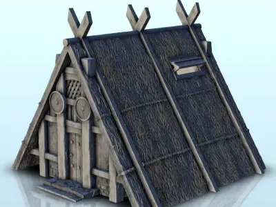 Viking building in thatch and wood with ornaments 7 3D print model