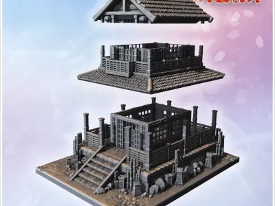 Two-story wooden Japanese house with tiled roof balcony and ston 3D print model