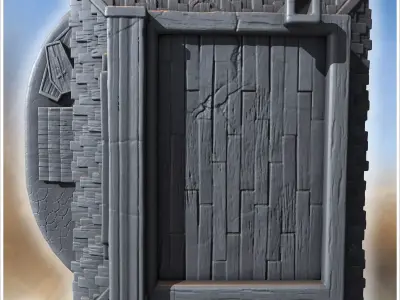 Funeral home with wooden coffins porch columns picket fence and  3D print model