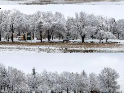 Panorama of the park with a lake and snow-covered trees - 46k 3D model