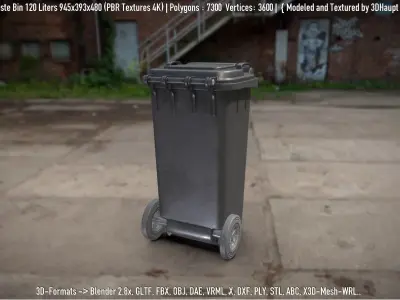 Black Plastic Waste Bin 120 Liters 945x393x480 Low-poly 3D model