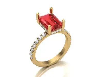 Emerald Cut Center Stone Ring with Diamond Shank 3D print model purchase