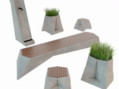 Exterior set 1 two stools made of marble and wood 3D model