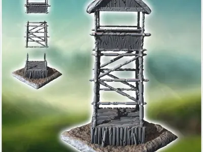 Medieval wooden post on platform with guard post at height 38 -  3D print model