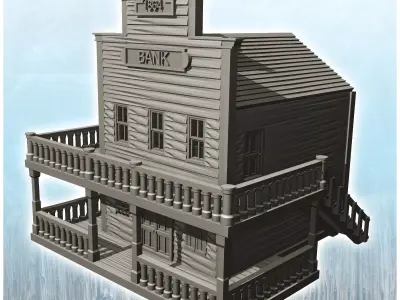 Western bank building with stairs and balcony 4 - Cowboy USA Ame 3D print model