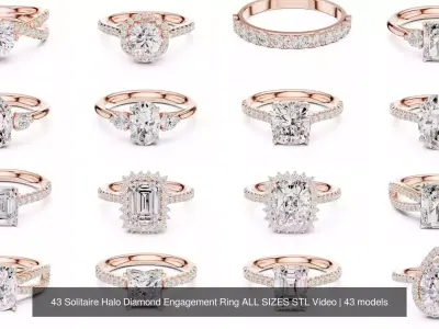 43 Solitaire Halo Diamond Engagement Ring ALL SIZES STL Video 3D Model Pack