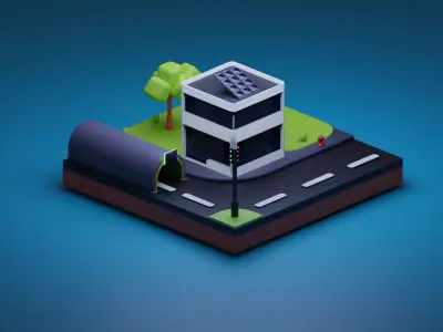 Low Poly City building with solar panels on roof Low-poly 3D model