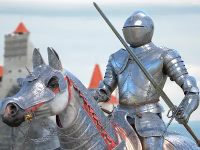  Horse in Medieval Armor with Knight Rider Fur 