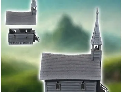 Medieval wooden chapel with a stone base and access stairs 7 - M 3D print model