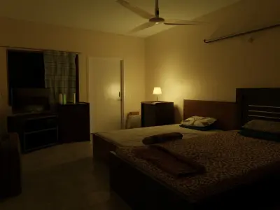 Bedroom with two beds and television 3D model