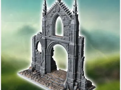 Ancient gothic arch with detailed carvings and two spiky archite 3D print model