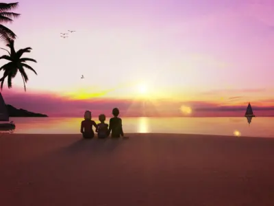 The family is watching the sunrise at the seaside 3D model