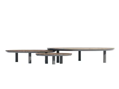 Atollo three round tables with metal legs and wooden tops 3D model