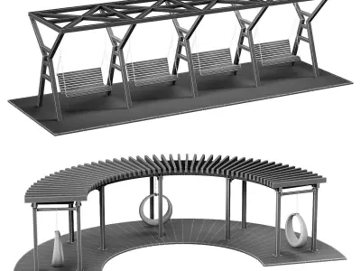 Set of pergolas gazebos canopies with swings benches  3D model