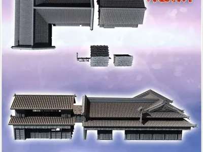 Set of two large Asian tiled roofed buildings with two market st 3D print model