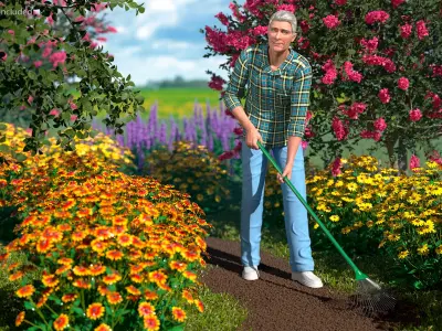  Grey-Haired Man in Plaid Shirt with Rake Rigged for Cinema 4D 