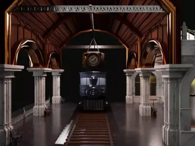 Oldfashioned Train Station with Train 3D model