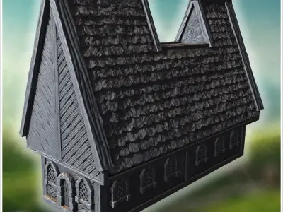 Long wooden hall with detailed roof shingles arched windows and  3D print model