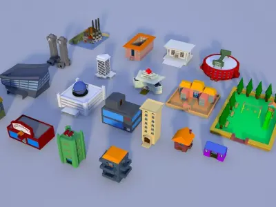 Cartoon Building Set Low-poly 3D model