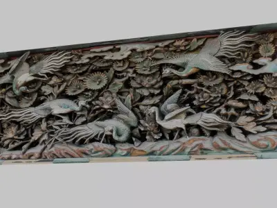 Japanese Ranma Wood Carving Cranes and Peonies Low-poly 3D model